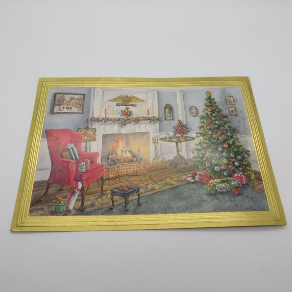 Vintage Christmas Tree Fireplace Room Setting Scene Nostalgic Festive Postcard - Picture 1 of 10